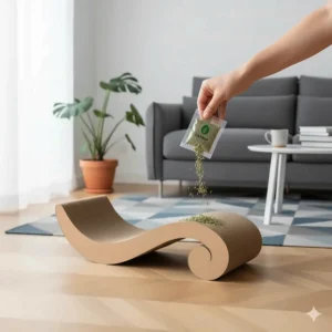A sachet of premium catnip being sprinkled onto the grooves of a cardboard scratching board.