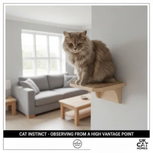 An illustration showing a cat observing the room from a high vantage point on a wall-mounted bridge.