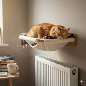 An indoor cat activity wall featuring a wall mounted cat hammock positioned as a high-level sleeping perch for climbing.