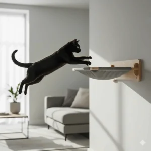 A fluffy cat sleeping in a wall mounted cat hammock positioned above a radiator for extra warmth during a British winter.