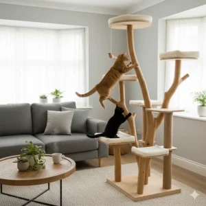 A ginger tabby cat climbing a bespoke natural wood cat tree with multiple platforms.