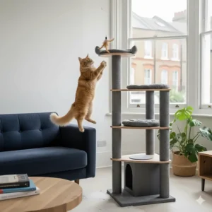 Sisal scratching post featuring a dangling feather toy for interactive play and exercise.