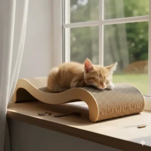 A sleepy kitten lounging on a curved horizontal cat scratcher lounge near a window.