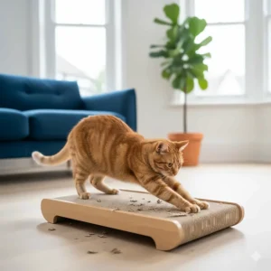 An adult cat fully extending its paws while using a floor-based horizontal cat scratcher.