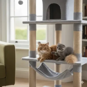 A multi-level cat tree featuring a suspended hammock and dangling pom-pom toys for active play.