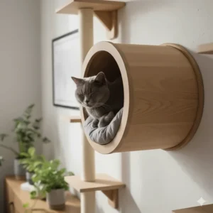 A wall-mounted cat bridge leading to a cosy elevated sleeping pod for indoor cats.