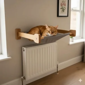 A grey fabric cat wall hammock mounted above a white radiator, providing a warm sleeping spot without using floor space.