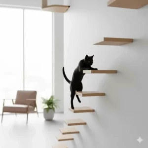 Staggered cat wall shelves designed for climbing, positioned next to a classic white bay window overlooking a lawn.