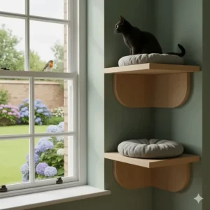 Cat wall shelves strategically placed near a window and radiator, allowing a cat to observe a British garden from a height.