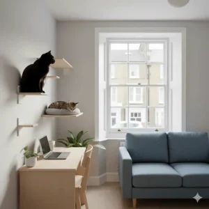 Minimalist cat wall shelves installed in a compact UK flat to save floor space, showing a ginger cat perched high up.