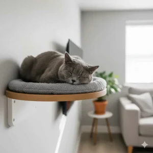 A fluffy ginger cat resting comfortably on a wide cat wall shelf in a bright, airy room with British architectural details.