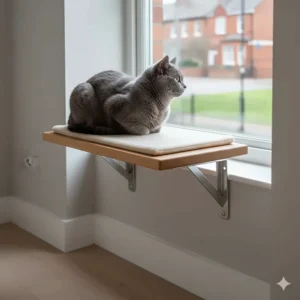 A sturdy cat wall perch positioned next to a window, allowing a pet to look outside in a compact urban home.