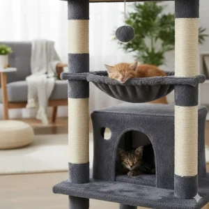 An affordable cat tree featuring a soft plush hammock and a cosy sleeping den for kittens.