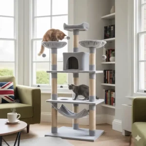 A space-saving corner cat tree for multiple cats, perfect for smaller UK apartments and homes.