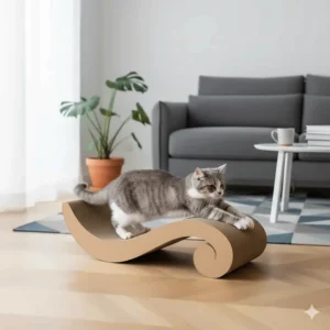 An ergonomic wave-shaped cardboard cat scratcher designed for comfortable stretching and scratching.