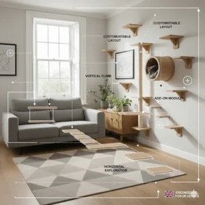 Diagram showing a customisable layout for a cat wall climbing system to suit different room sizes.
