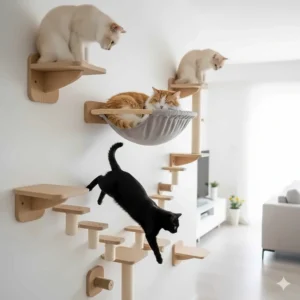 A high-quality view of the reinforced wooden frame of a wall mounted cat hammock, designed for durability and feline safety.