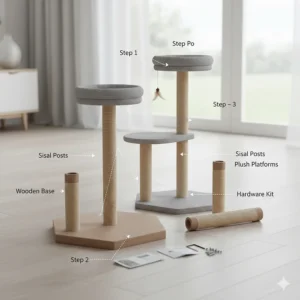 Diagram showing the simple assembly process for a multi-level tall cat scratching post.