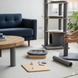 Components of the cat scratching post laid out for simple home assembly with included tools.