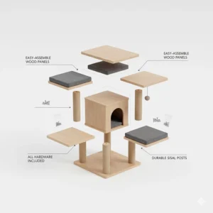 Exploded view of a modern cat tree kit showing easy-to-assemble wooden panels and metal bolts for quick home setup.