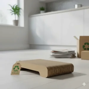 An eco-friendly cardboard cat scratcher with a 100% recyclable symbol, ideal for green British homes.