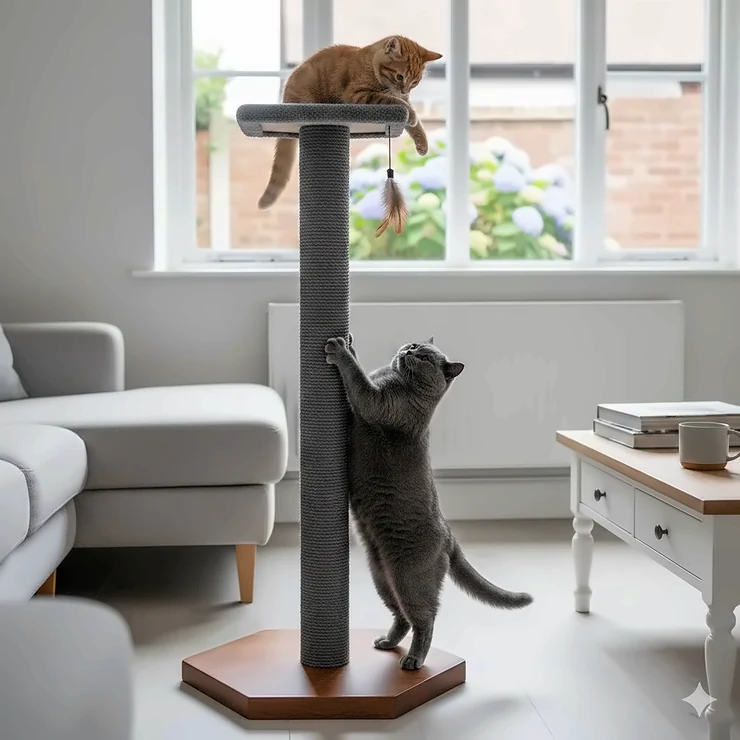 A sturdy, extra tall cat scratching post in charcoal grey, perfect for large British Shorthair cats to stretch fully. tall cat scratching post