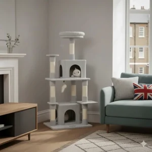 A compact Feandrea cat tree designed to fit neatly into a corner of a London flat or smaller spare room.