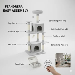 Clear diagram showing the straightforward assembly process and tools included with a Feandrea cat tree.