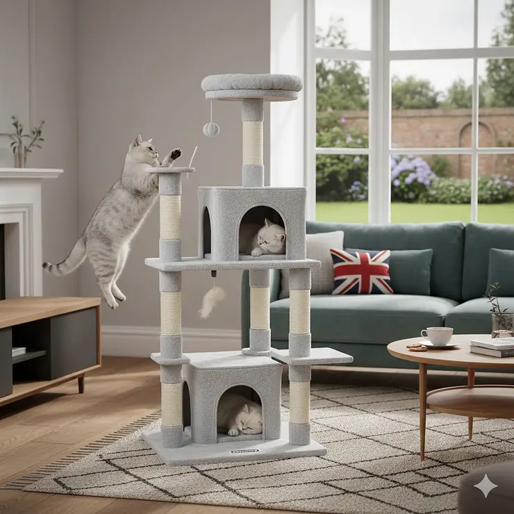 A large grey Feandrea cat tree with multiple levels, a scratching post, and a plush perch, styled in a modern UK living room. Feandrea cat tree