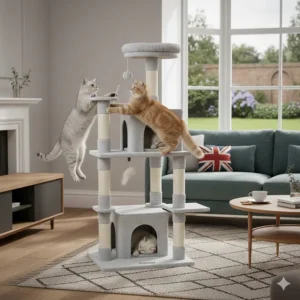 Two British Shorthair cats playing on different levels of a sturdy Feandrea cat tree activity centre.