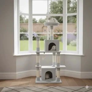 A Feandrea cat tree placed by a window, allowing a pet to look out at a British garden from a high perch.