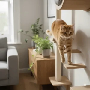 Close-up illustration of sturdy floating cat steps as part of a modular wall climbing system.