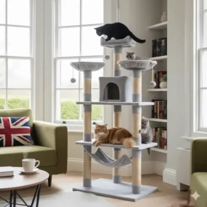 An adjustable floor-to-ceiling cat tree designed for multiple cats to climb and perch in a high-ceilinged room.
