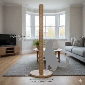 Technical drawing showing the height and width specifications of a bespoke scratching post for large cats.