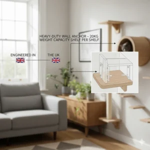 Illustration showing the secure wall fixings and weight capacity of a premium cat climbing system.