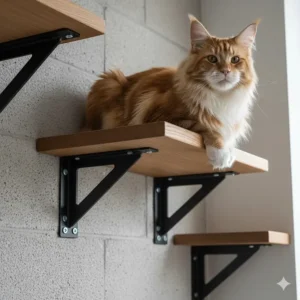 High-quality cat wall shelves with secure wooden brackets, showing a black cat climbing safely between levels.