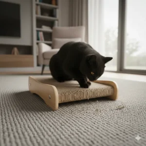 A horizontal cat scratcher placed over a carpeted area to prevent cats from scratching the floor.