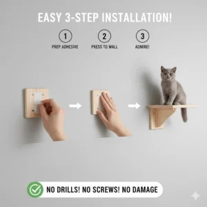 A diagram showing the easy installation process of cat steps using heavy-duty adhesive or tension mounts without a power drill.