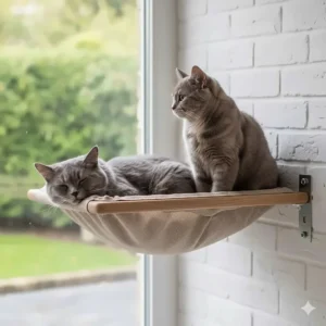 A wall mounted cat hammock securely fixed to a light-coloured masonry wall, demonstrating a safe installation for UK homes.