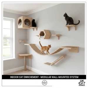 Visual of a cat's highway showing how a bridge connects to other wall-mounted furniture for indoor exercise.
