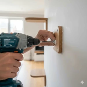 Close-up of cat wall furniture being securely fixed to a UK plasterboard wall using a power drill and appropriate fixings.
