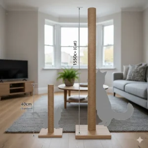 Illustration comparing a standard scratcher to a heavy-duty scratching post for large cats to show height difference.