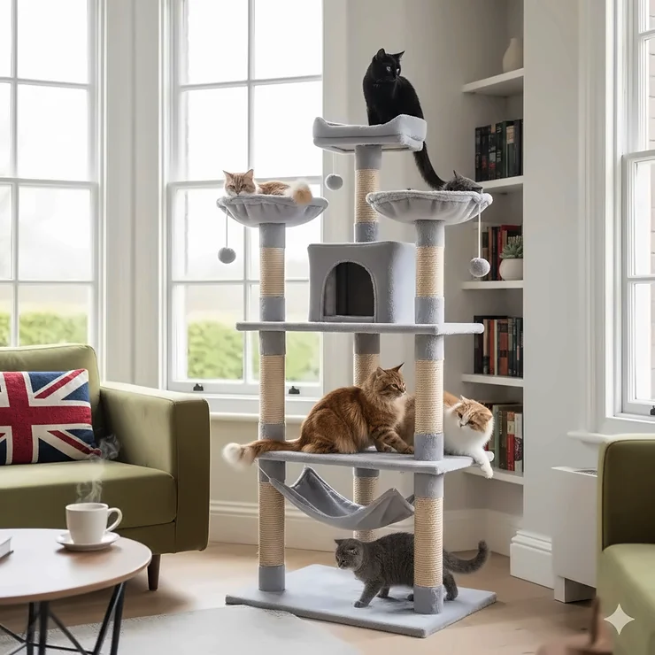 A tall, multi-level grey cat tree for multiple cats in a modern British living room with natural light and a steaming cup of tea. cat tree for multiple cats