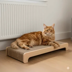 A large horizontal cat scratcher next to a standard UK radiator to show scale for bigger breeds like Maine Coons.