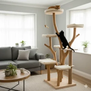 A tall, multi-tier natural wood cat tree standing next to a standard UK sofa for scale.