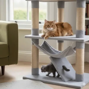 Easy-access platforms on a cat tree suitable for kittens or older cats in a multi-cat UK household.