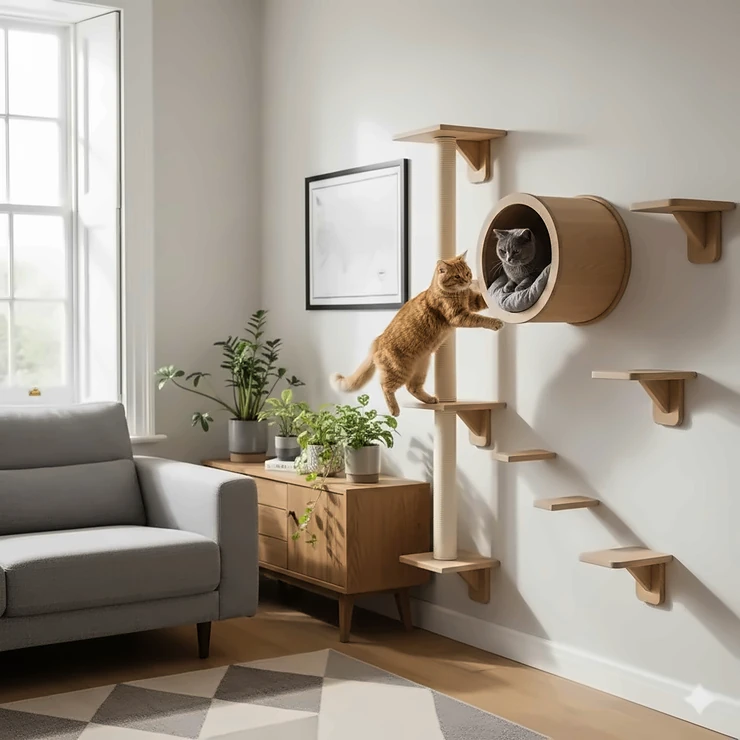 A modern, multi-level wooden cat wall climbing system installed in a contemporary British living room with natural soft lighting. cat wall climbing system