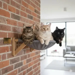 A sleek, minimalist wall mounted cat hammock blending seamlessly into a clean and modern British interior design.