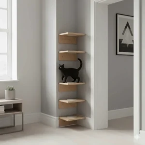 Single wooden cat wall steps installed vertically on a narrow wall to create a climbing path in a small room.