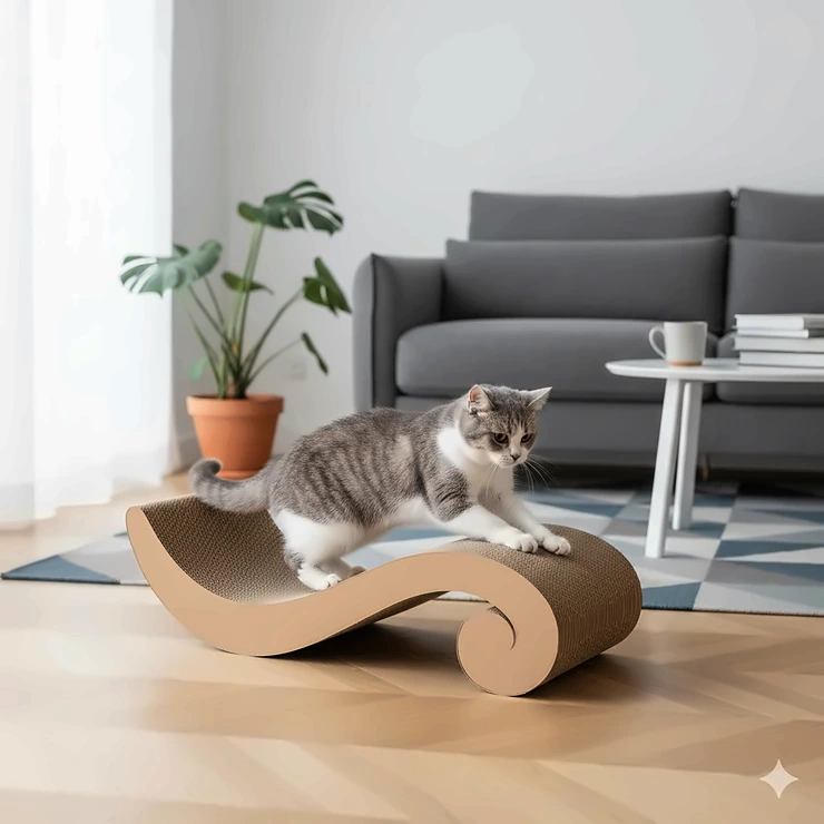 A modern cardboard cat scratcher placed on a wooden floor in a bright British living room. cardboard cat scratcher